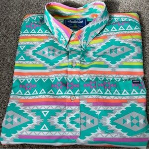 Chubbies Teal Aztec Short-Sleeve Button-Down with Neon Accents Size XL